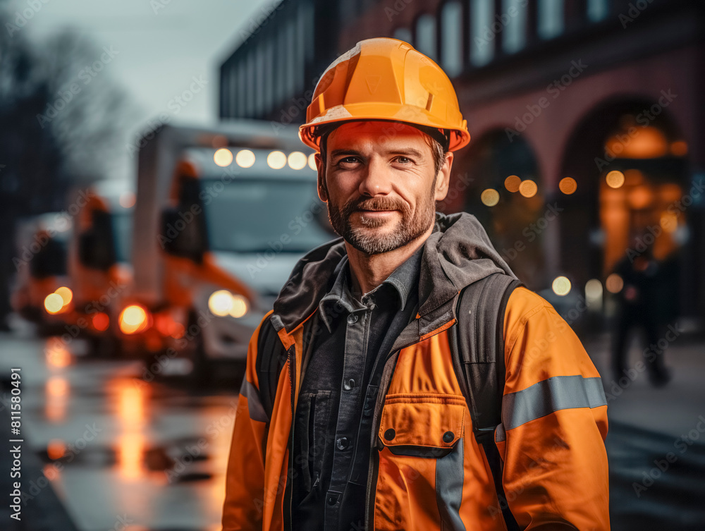 A construction worker in orange safety gear with a hard hat, evening urban background, concept of labor and professionalism. Generative AI A construction worker in orange safety gear with a hard hat, evening urban background, concept of labor and professionalism. Generative AI