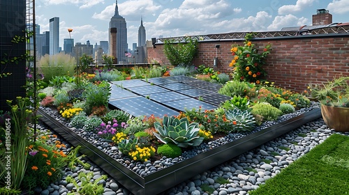 An eco-friendly US flag design on a green rooftop, featuring solar panels as stars and green sedum plants as stripes, symbolizing energy efficiency.