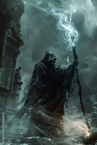 Sorcerer Unleashing Corrupted Dark Energies Amidst Crumbling Ruins and Otherworldly Structures in Chiaroscuro-Inspired Cinematic Style