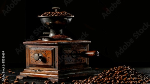 Close-up of a manual coffee grinder with coffee beans ready for grinding