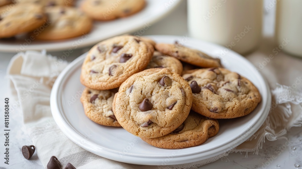 A tempting pile of delicious chocolate chip cookies served on a white plate, accompanied by milk bottles, perfect for a sweet snack.

