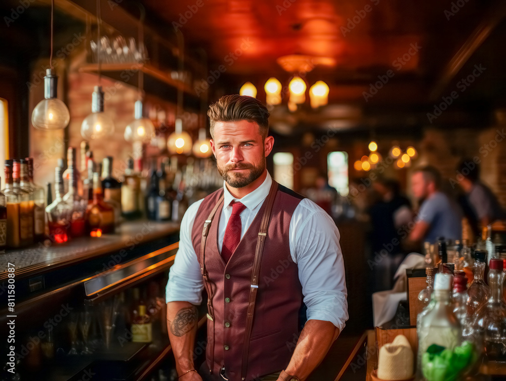 A male bartender in a vest standing behind a bar with bottles and glasses, warm interior lighting, pub atmosphere concept. Generative AI A male bartender in a vest standing behind a bar with bottles and glasses, warm interior lighting, pub atmosphere concept. Generative AI