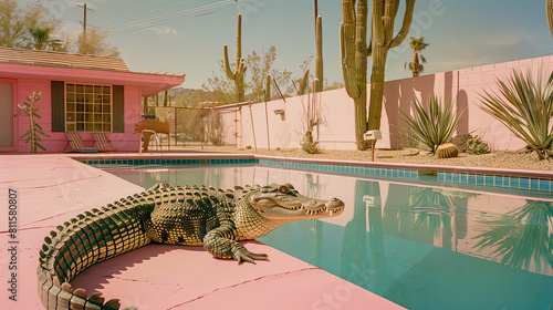 crocodile beside a swimming pool at a pink motel with desert and cactuses in the background, vintage color grading, visual noise