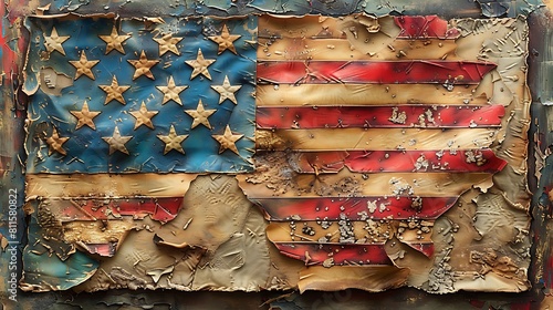 An embroidered US flag on a faded linen background, showcasing intricate needlework and subtle color variations. photo