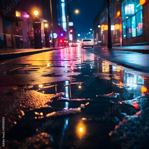 A city street at night, with neon lights reflecting on the wet pavement. Generative AI. © Studicon