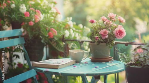 A charming terrace or balcony setup with a small table, book, and flowers, creating an inviting and serene space.