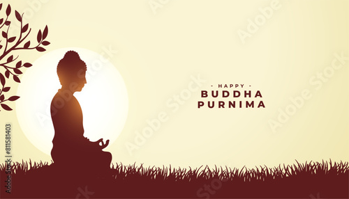 elegant happy buddha purnima religious card a monk under tree photo