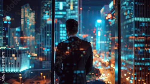 Successful Businessman Looking Out of the Window on Late Evening  Modern Hedge Fund Investor Enjoying Successful Life  Urban View with Down Town Street with Skyscrapers at Night with Neon Lights