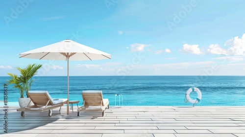 A beautifully decorated poolside veranda with deck chairs and an umbrella  offering a stunning ocean view for a perfect summer vacation.  