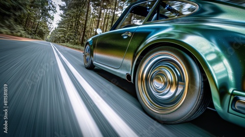 A color car, motion, car photography, ultra realistic, blue sky.