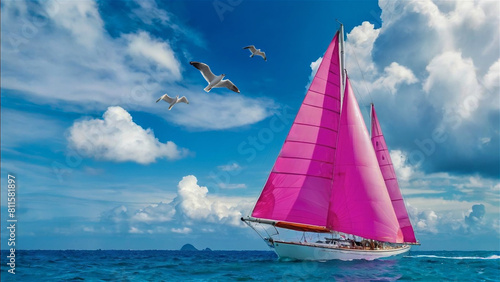 Sailing boat on the sea with the seagull flying on the sky, luxury summer adventure, hobbies and leisure active vacation in the sea, 