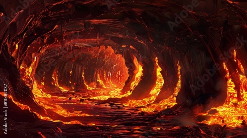 A stunning digital artwork depicting an underground cave filled with flowing molten lava, creating a dramatic and mysterious atmosphere.