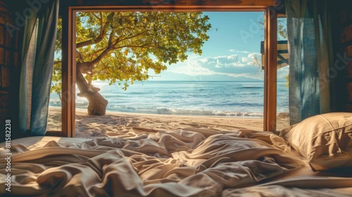 A serene scene viewed through a bed  capturing the tranquil beach and clear skies  inviting relaxation and contemplation.  
