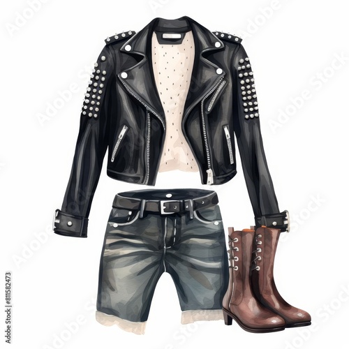 Women's stylish clothes for concert. Black leather jacket with silver studs, blue denim shorts, brown leather boots and white blouse. photo