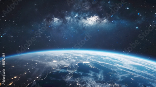 Earth viewed from space with city lights alongside a star-filled galaxy background, concept of exploration. Generative AI