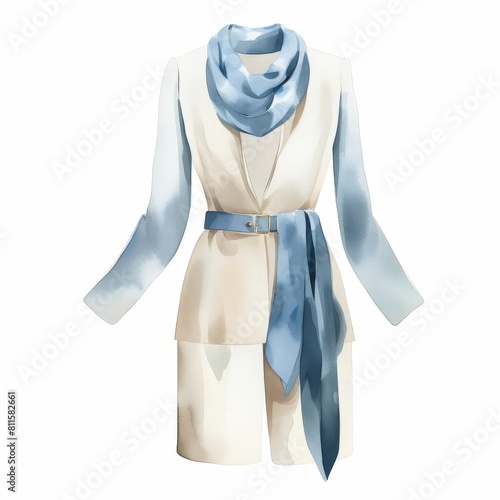 Light blue and white business suit with scarf photo