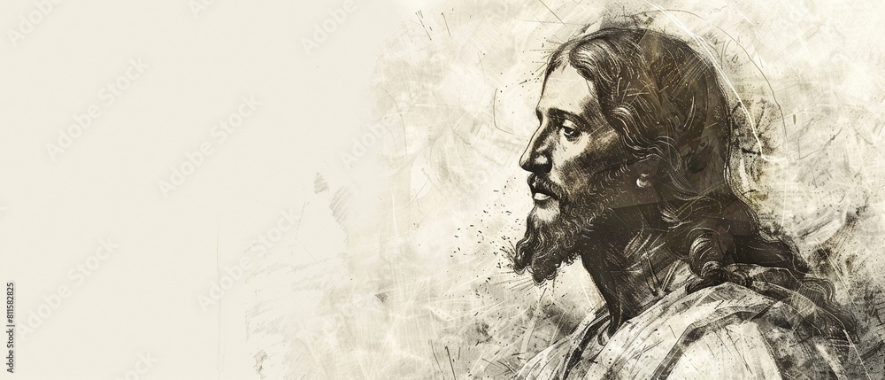 Fototapeta premium pencil drawing of a religious picture of Jesus Christ on a white backdrop with copy space.