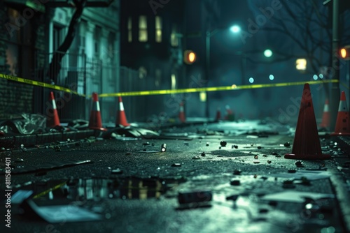 A crime scene with police lines and police cars and traffic cones