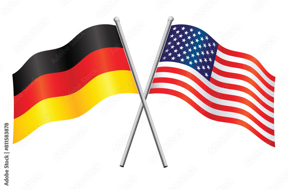 germany and USA american german flags in relationship alliance or versus conflict crossed flagpoles vector transparent background