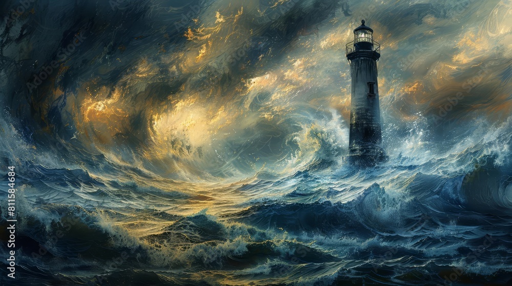 A lighthouse standing tall against the backdrop of a turbulent tide, guiding ships safely to shore