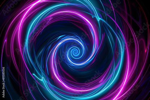 Hypnotic neon lines interwoven in a mesmerizing swirl of blue and purple. Abstract art on black background.