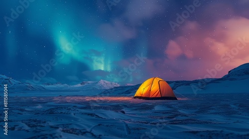 A lone tent illuminated from within, set against the backdrop of a vibrant aurora in the night sky