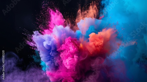 colorful explosion of vibrant smoke and dust against black background  