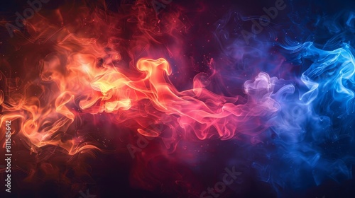 Dynamic interaction of red and blue smoke in abstract art design
