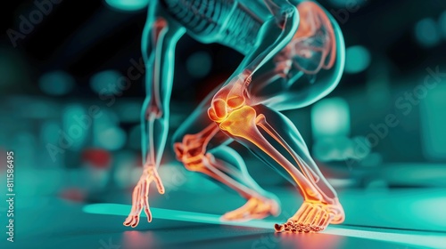  X-ray digital skeleton of a runner with a blue background. The skeleton's legs and joints are highlighted in red, emphasizing the runner's posture and pain points photo