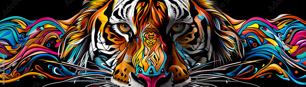 A colorful tiger with a yellow eye is the main focus of this image