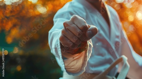 Unrecognizable man practicing a martial art such as kung fu jiu-jitsu or taekwondo demonstrating skill and strength in combat, © Khalif