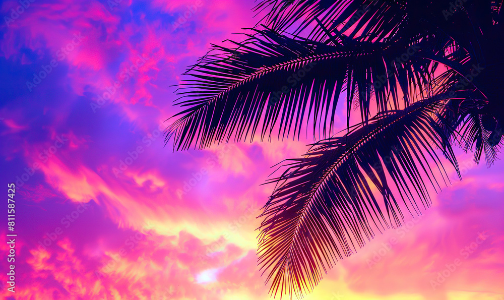 A peaceful sunset over the ocean with palm silhouettes under a warm sky. Generate AI