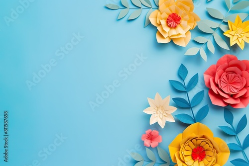 Artistic display of colorful paper flowers on electric blue background