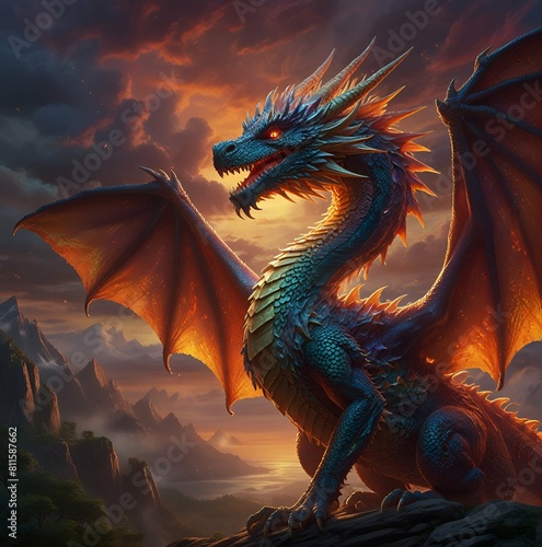  Amidst a vibrant background of swirling colors and ethereal light, a majestic dragon soars majestically, its shimmering scales reflecting the glow of the sun