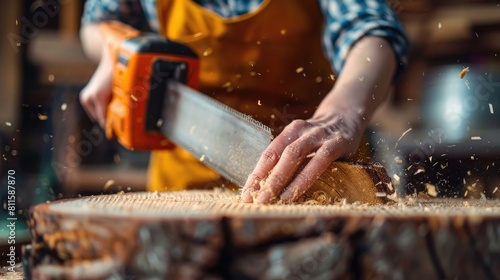 Unrecognizable woman sawing wood hand saw, Close-up photo