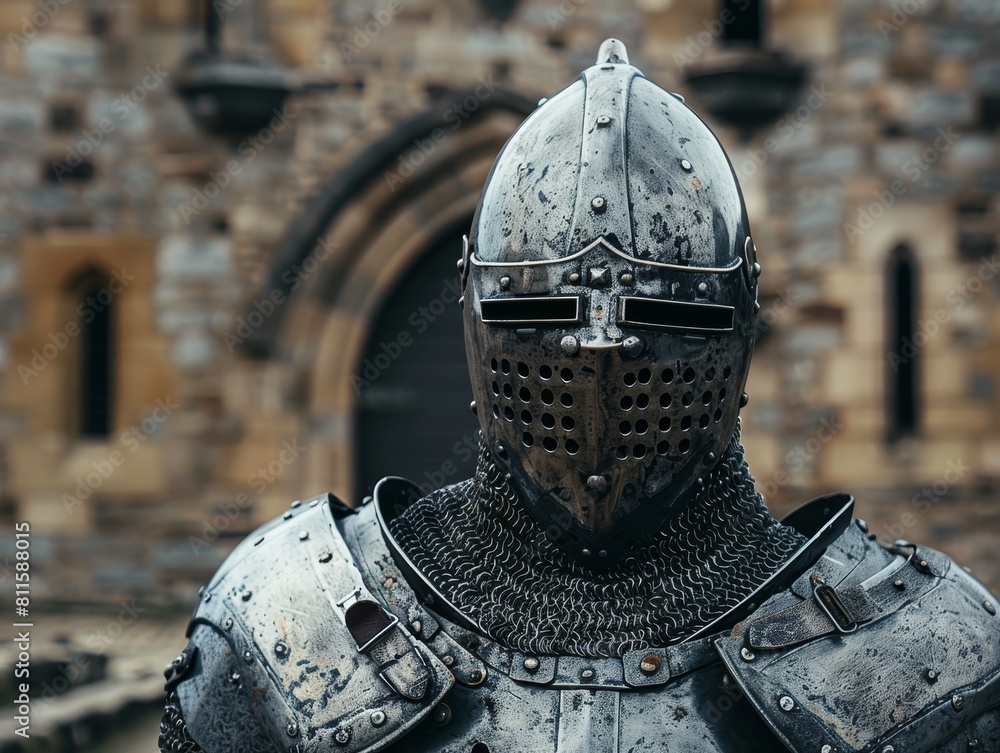 Armored medieval knight in battle-worn armor Armored medieval knight in battle-worn armor