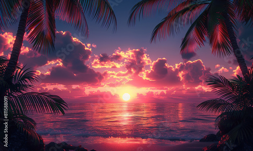 A peaceful sunset over the ocean with palm silhouettes under a warm sky. Generate AI