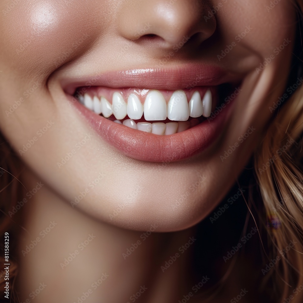 Fototapeta premium Closeup of a smiling woman's lips and teeth