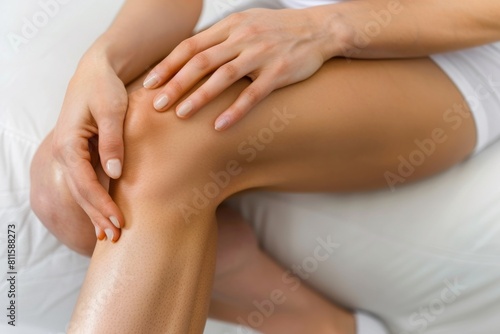 Wallpaper Mural 両手でひざを押さえる日本人女性（膝の痛み・ひざの痛み・関節痛・膝関節） Torontodigital.ca