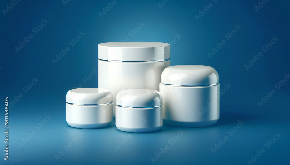 Set of white cosmetic jars on a blue background, modern design concept for branding presentation, Generative AI Set of white cosmetic jars on a blue background, modern design concept for branding presentation, Generative AI