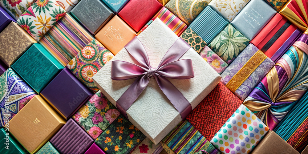 gift on the background of fabric samples gift on the background of fabric samples