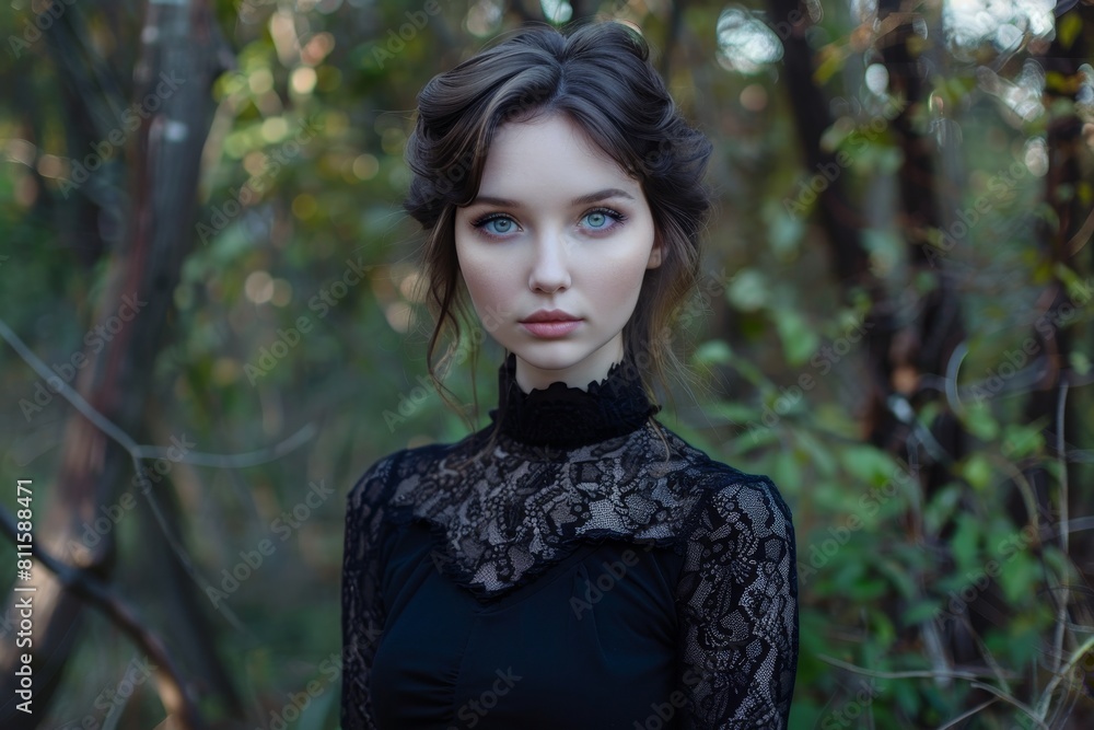 Mysterious woman in dark lace dress