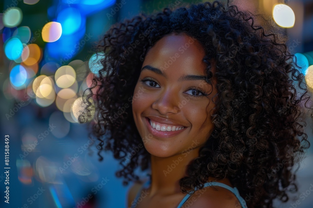 Smiling woman with curly hair in front of colorful lights Smiling woman with curly hair in front of colorful lights