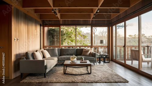 a view of a living room with a couch  coffee table  and a balcony  mid - century modern