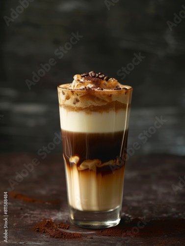 Layered coffee and cream drink with whipped cream and chocolate shavings