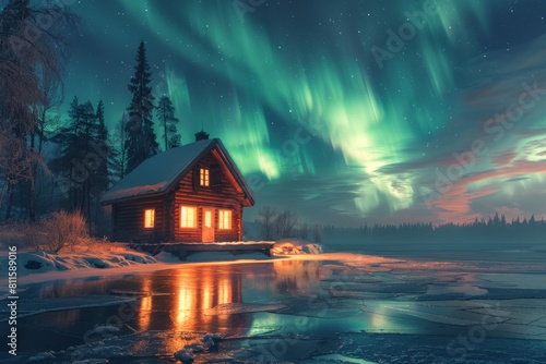 A small beautiful wooden house in northern Canada near a frozen lake, with the stunning northern lights shimmering above. 