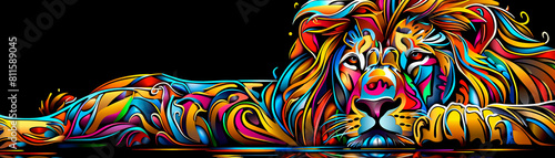 A colorful lion is laying on a black background