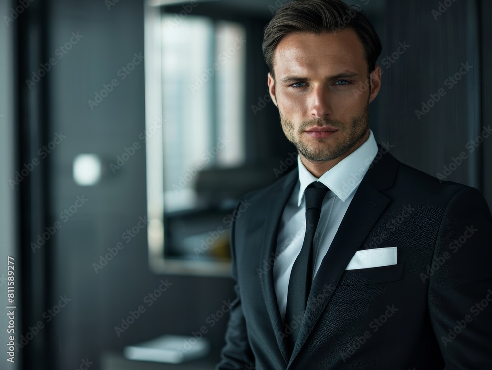 Fototapeta premium Serious businessman in suit standing in office