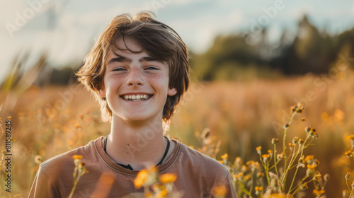 Happy 15 years old teenage boy portrait in middle of beautiful nature of a field with copy space photo