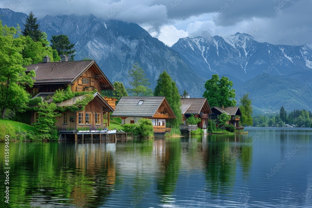 Austrian houses near a lake and mountains. European elegance, tidiness, and beauty. 